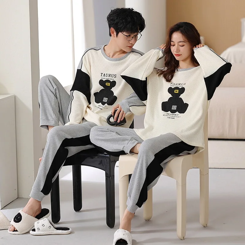 Piyama pasangan baju tidur katun lengan panjang, Set piyama Pullover celana panjang, pakaian tidur Korea longgar