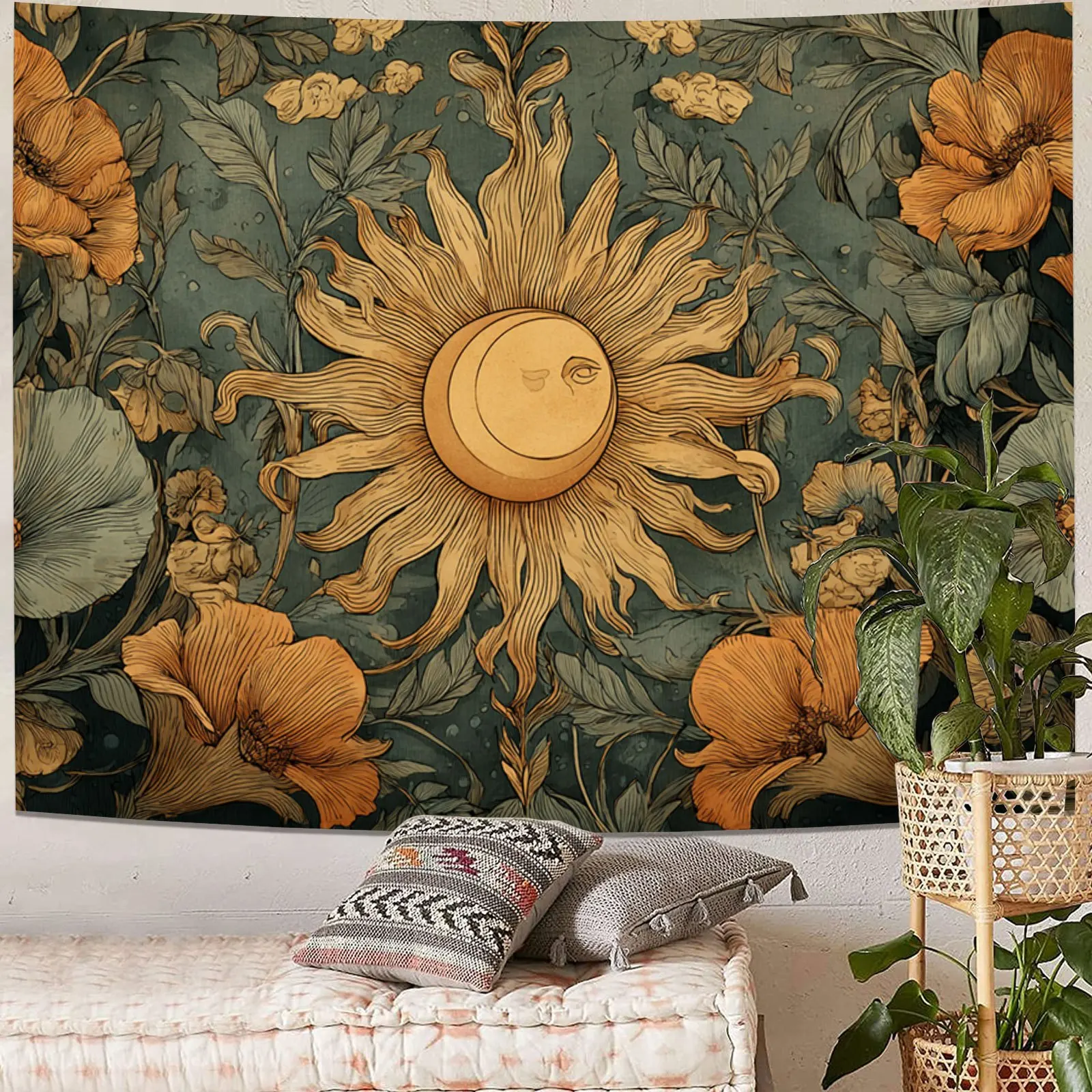 Tapiz  pared con diseño floral  sol y media luna, coración suave  poliéster para el hogar, ial para sala  estar, dor