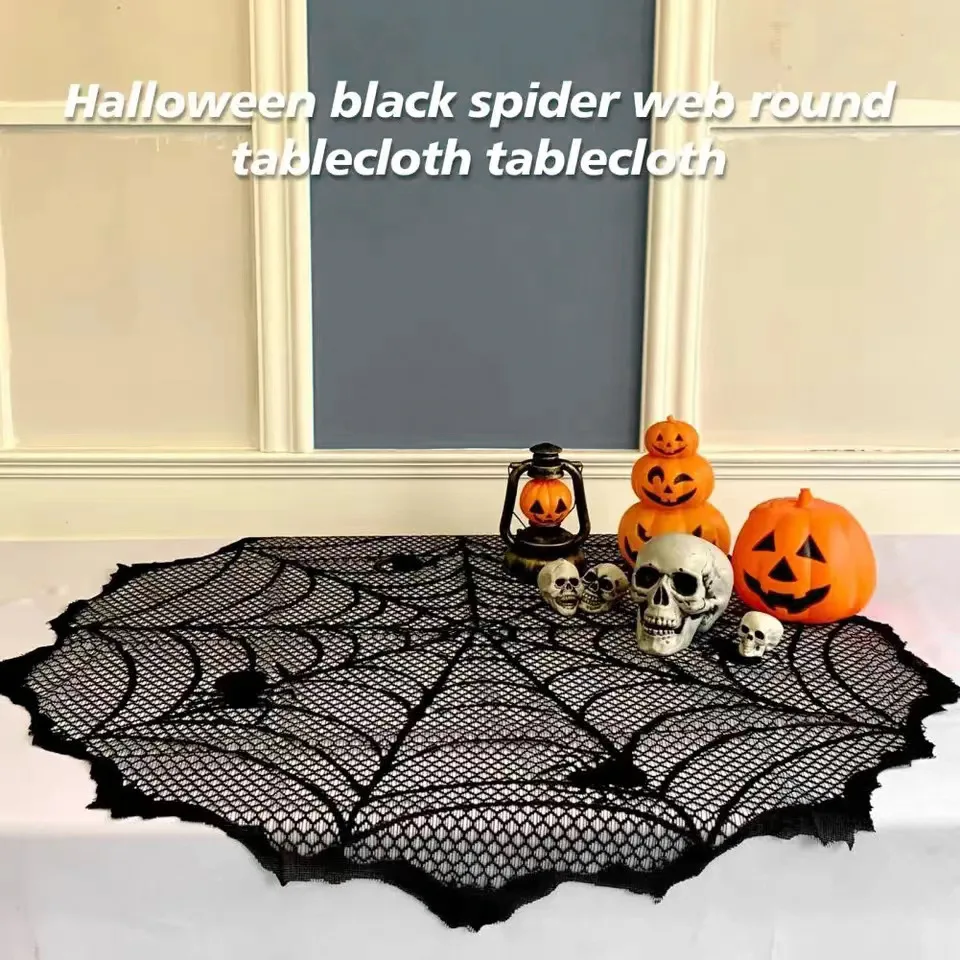 Halloween Black Spider Web Round Tablecloth Warp Knitted Lace Table Cloth Decoration Home Party Decoration and Accessories