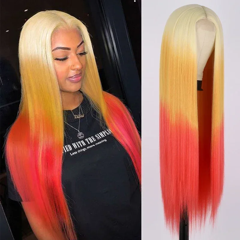 Ombre Blonde Red Synthetic Wig Long Natural Straight Lolita Hair Wig for Women Middle Part Fake Hair Wigs Heat Resistant Fiber