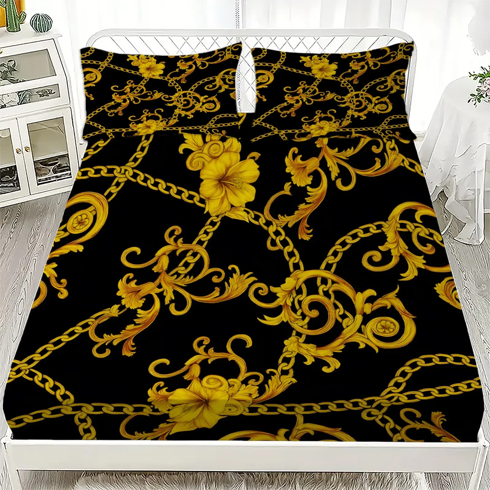 1pc Lençol de Elástico Luxuoso Dourado com Estampa Floral Barroca e Correntes, Capa de Colchão com Bolso Profundo para Cama de Solteiro, Casal, Queen e King, Decoração de Quarto
