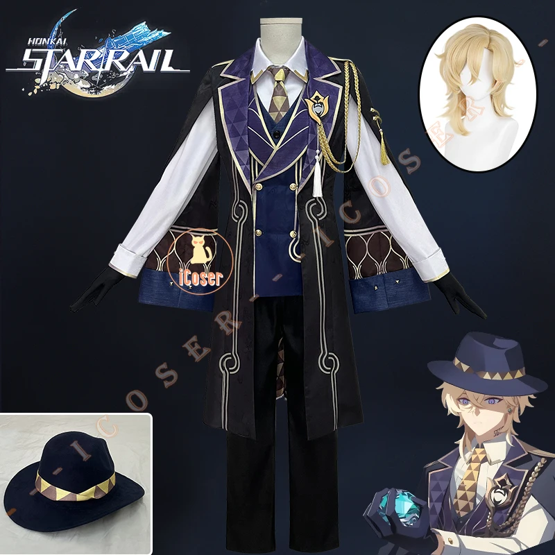 

CosplayHonkai Star Rail Aventurine Cosplay Costume Wig Ten Stonehearts Uniform Hat Earrings Halloween Party for Women Men Props