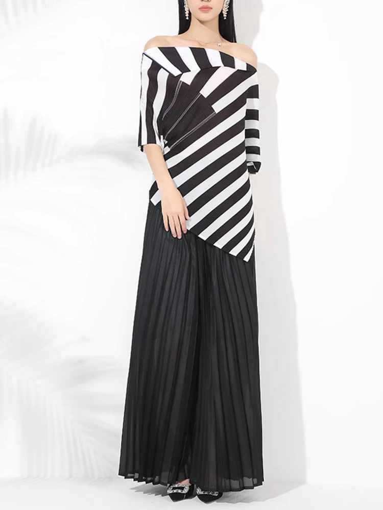 LANMREM Fashion Pleated 2 Piece Set Women Irregular Striped Tops + Wide Leg Trousers Elegant Party 2024 New Clothing 32C1777