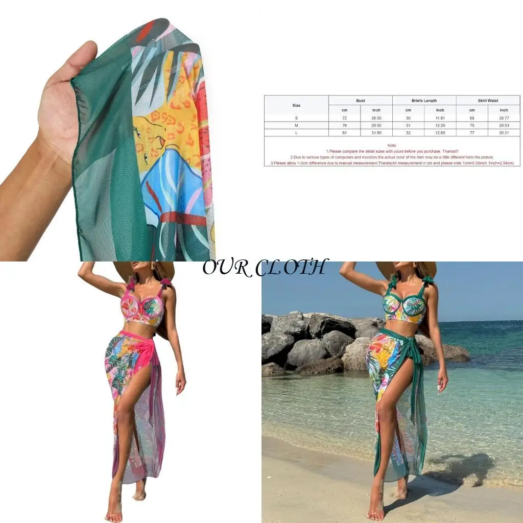 3 Pcs Bathing Suit for Women High Waist Swimsuit Female Swimming Costume Set Floral Print Swimwear Beachwear Y1AC