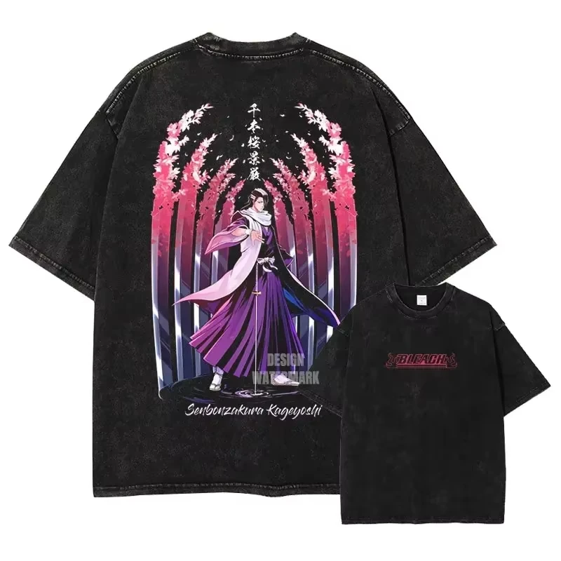 Bleach Aizen Sousuke T-shirt Vintage Washed Dark Anime Graphic Unisex Oversized Crew Neck Cotton Short Sleeve Tee Tops Hot Sale
