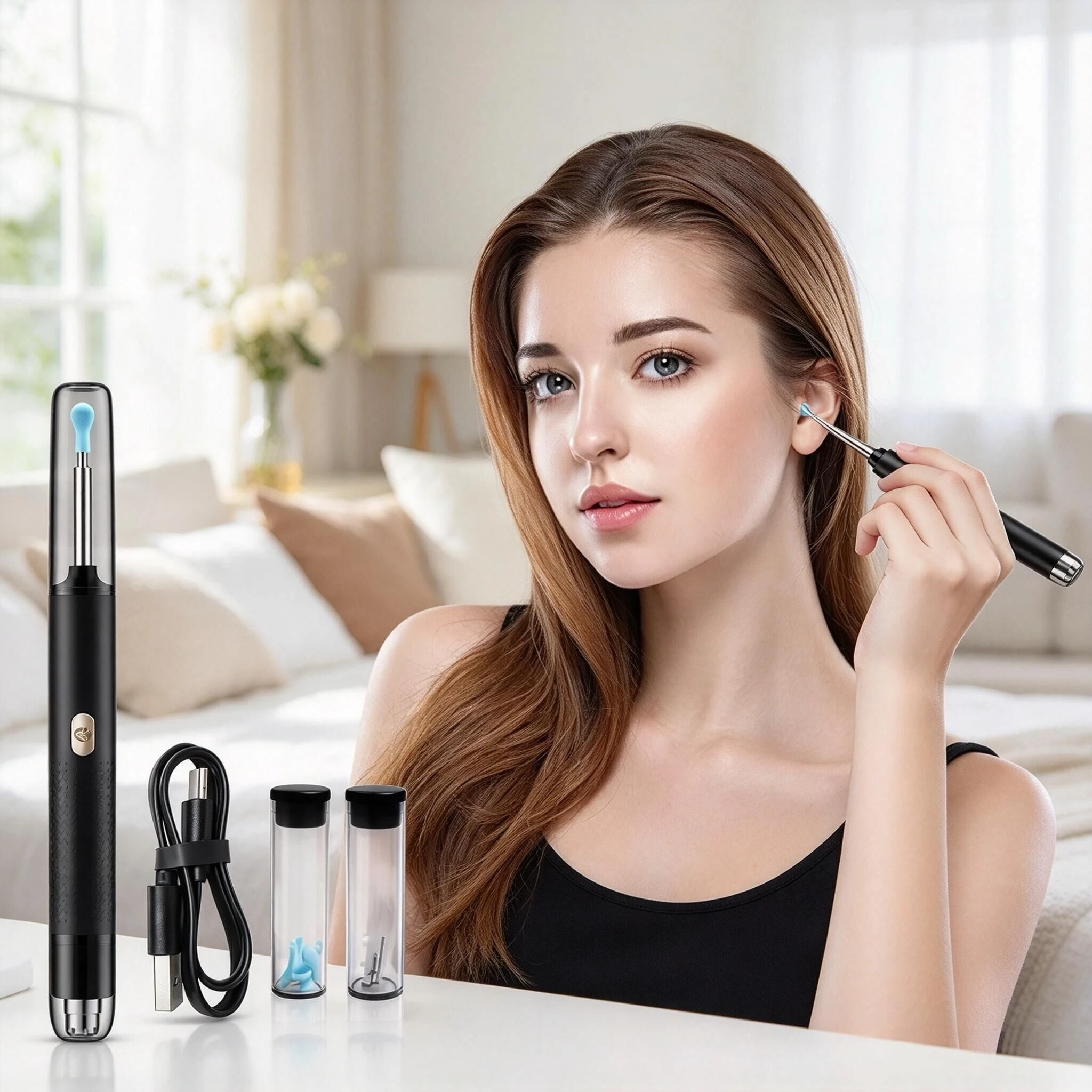 2 in1 Wireless Visual Ear Cleaner Otoscope Camera Ear Wax Removal Tool Rechargeable Safe Silicone Earpick with Nose Hair Trimmer