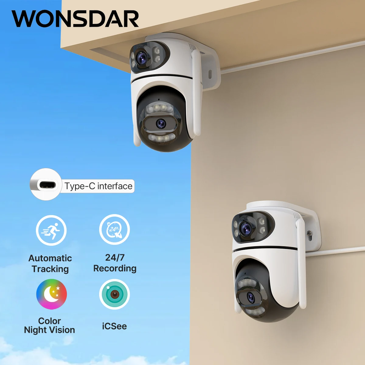 WONSDAR 2pcs IP Camera Outdoor Smart Home Smart Night Vision Monitor 2-way Audio Rated  Protection Security Surveillance iCsee