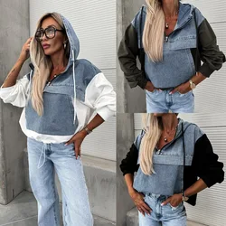 Washed Denim Sweater Hoodies Women Loose Vintage Hooded Pullover Tops 2024 Autumn Patchwork Sweatshirt Female Streetwear
