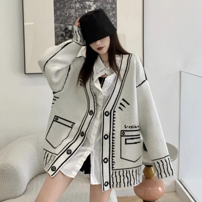 Y2k Print Chic Women Sweater Coat Autumn Korean Knitted Loose Loose Female Casual Cardigan Harajuku Fashion New Ladies Coat Tops