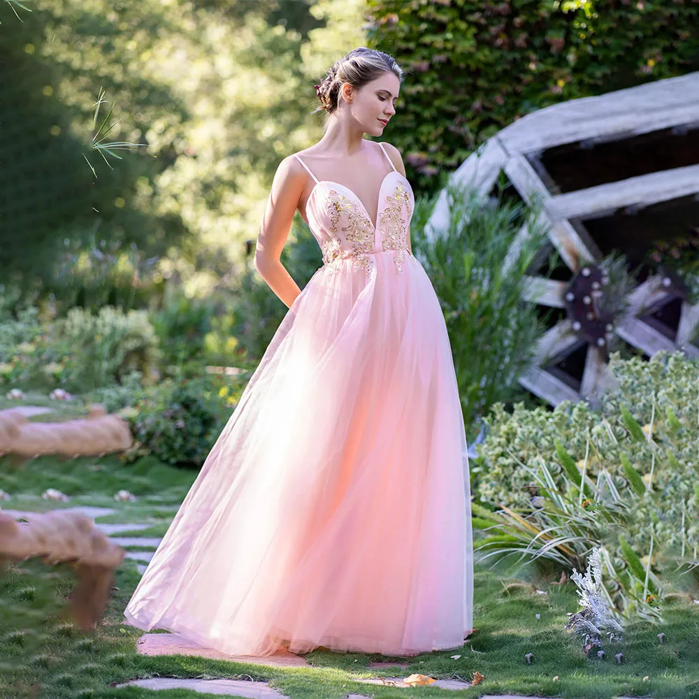 

Pink V-Neck Prom Dresses 2025 Tulle Embroidery Graduate Evening Dress Backless Wedding Party Dress Vestidos De Noche Customized