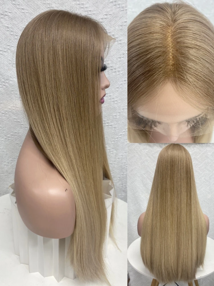 Virgin Human Hair HD Lace Frontal Wig 26 Inches Long Ombre Light Brown Color Cap Size L Full Volume Jewish Wig For Daily Wear