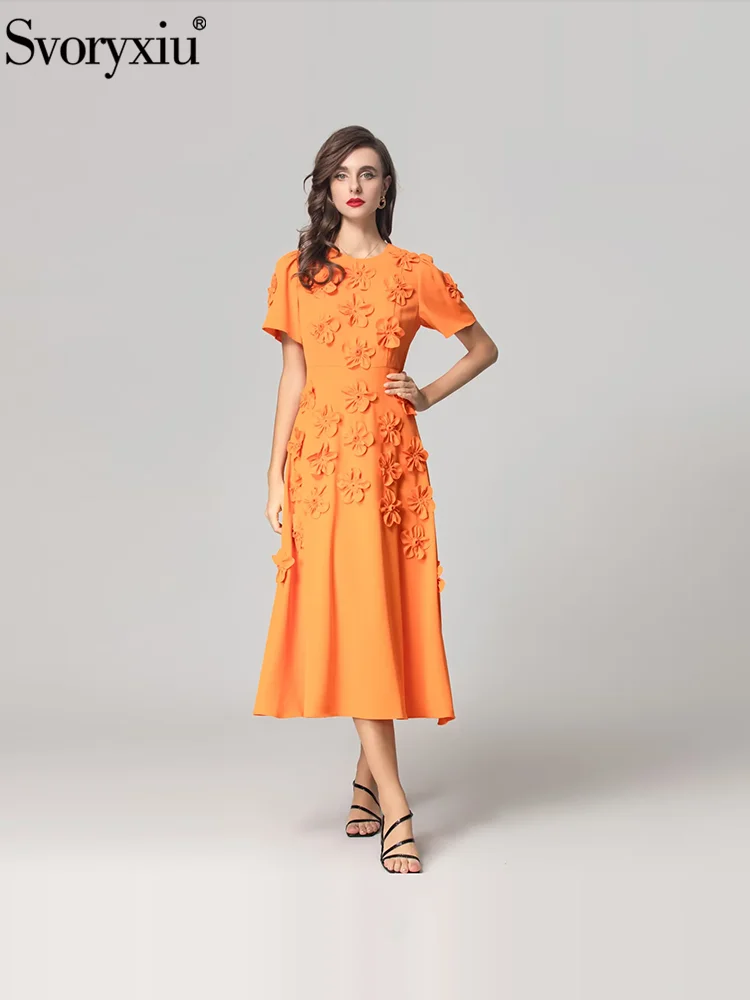 Svoryxiu Fashion Runway Summer Orange Elegant A-Line Midi Dress Women's O-Neck Short Sleeve Gorgeous Appliques Long Dress