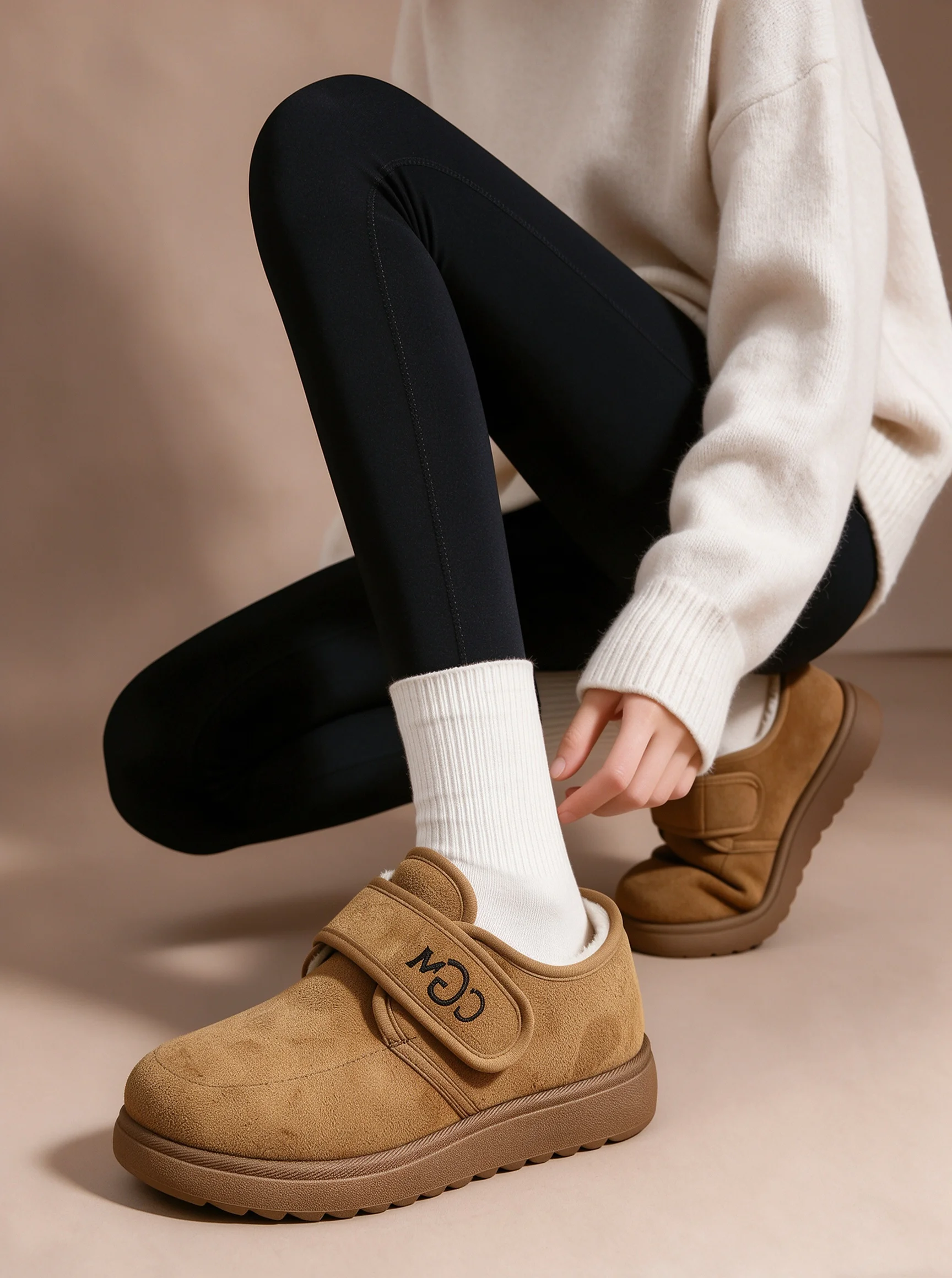 Damen-Winter-Fleece-Innensohlen-Loafer mit Obermaterial aus ultrafeinem Faser-Wildleder und thermischem Baumwollfutter mit Klettverschluss, lässige Outdoor-Schuhe – Detail 5