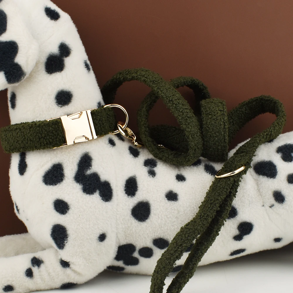 Teddy Velvet Dog Collar And Leash Set For Small Medium Large Dogs Custom Engraved Nameplate Pet Supplies Dog Leash