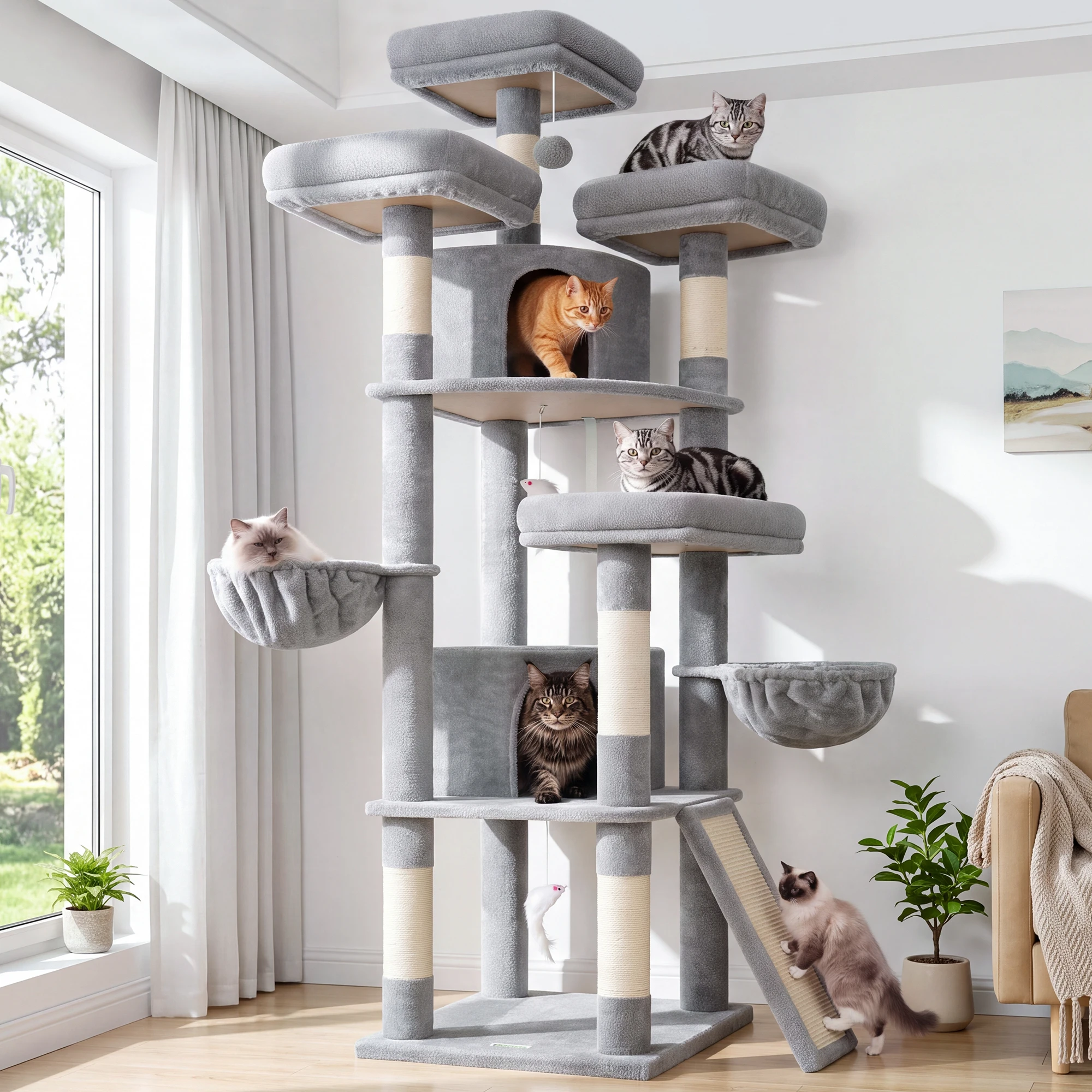 Torre per gatti Globlazer, ideale per 2-3 gatti di taglia grande, con diversi livelli, amaca e tiragraffi, 2 alloggi e 3 amache.