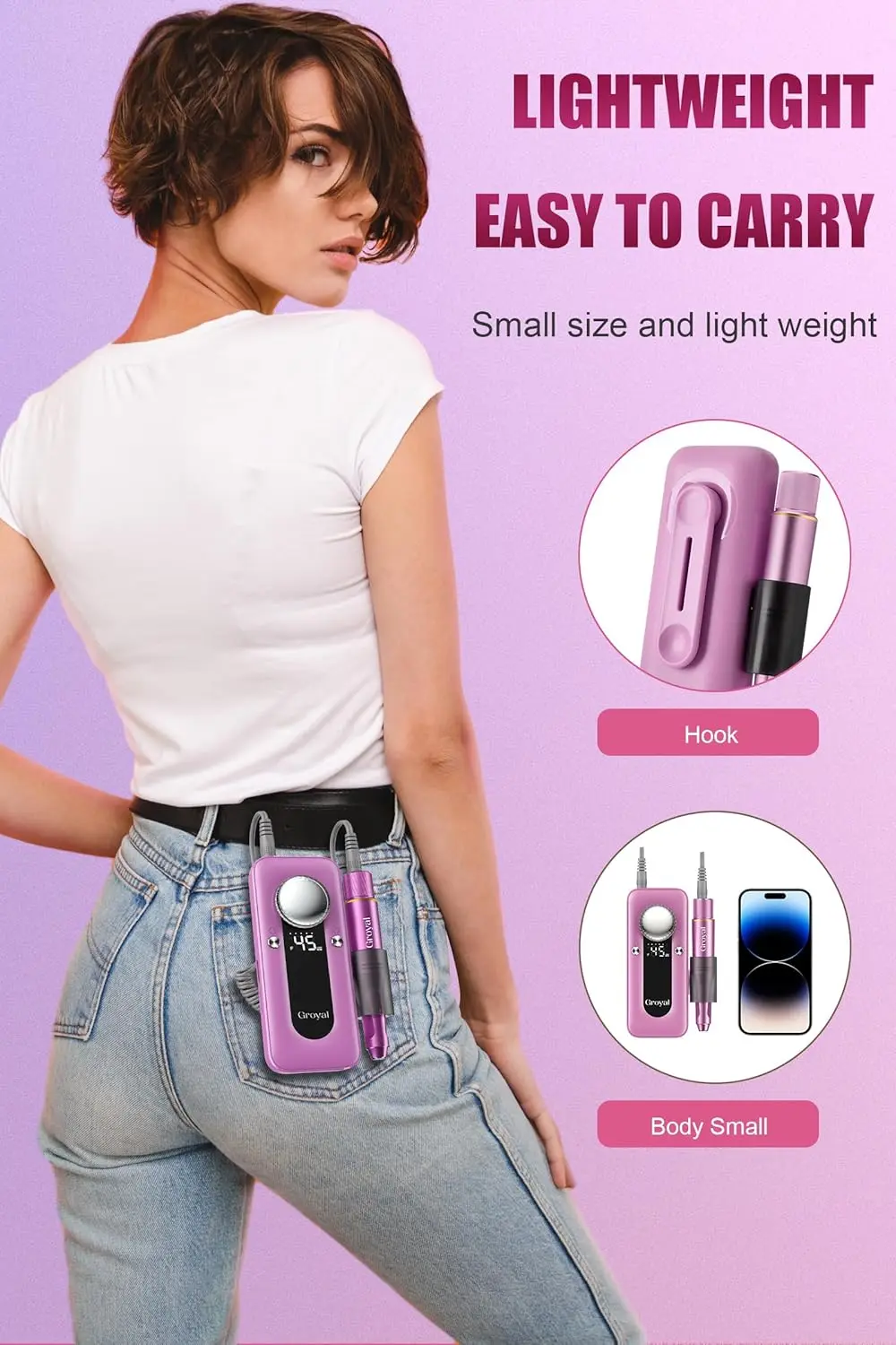 Profesjonalna bezprzewodowa elektryczna frezarka do paznokci, 45000 obr./min do paznokci żelowych akrylowych z 11-elementowym zestawem, różowa