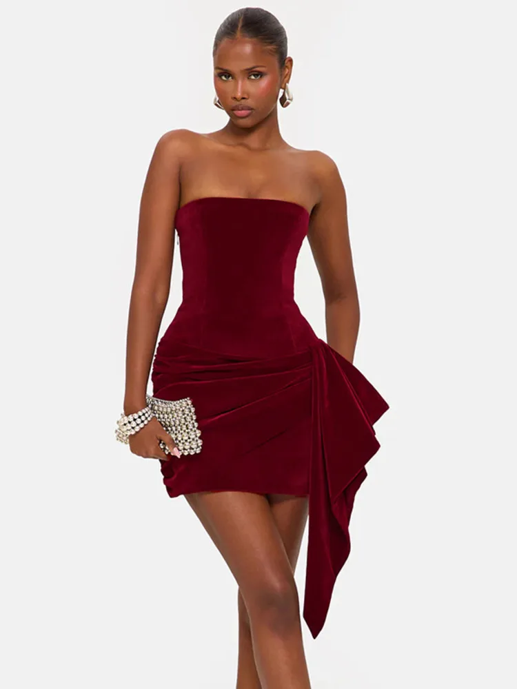 XIAOTANG オフショルダー ストラップレス セクシー ミニドレス 女性用ガウン エレガント ノースリーブ バックレス ドレープ ラッフル スキニー クラブ パーティードレス
