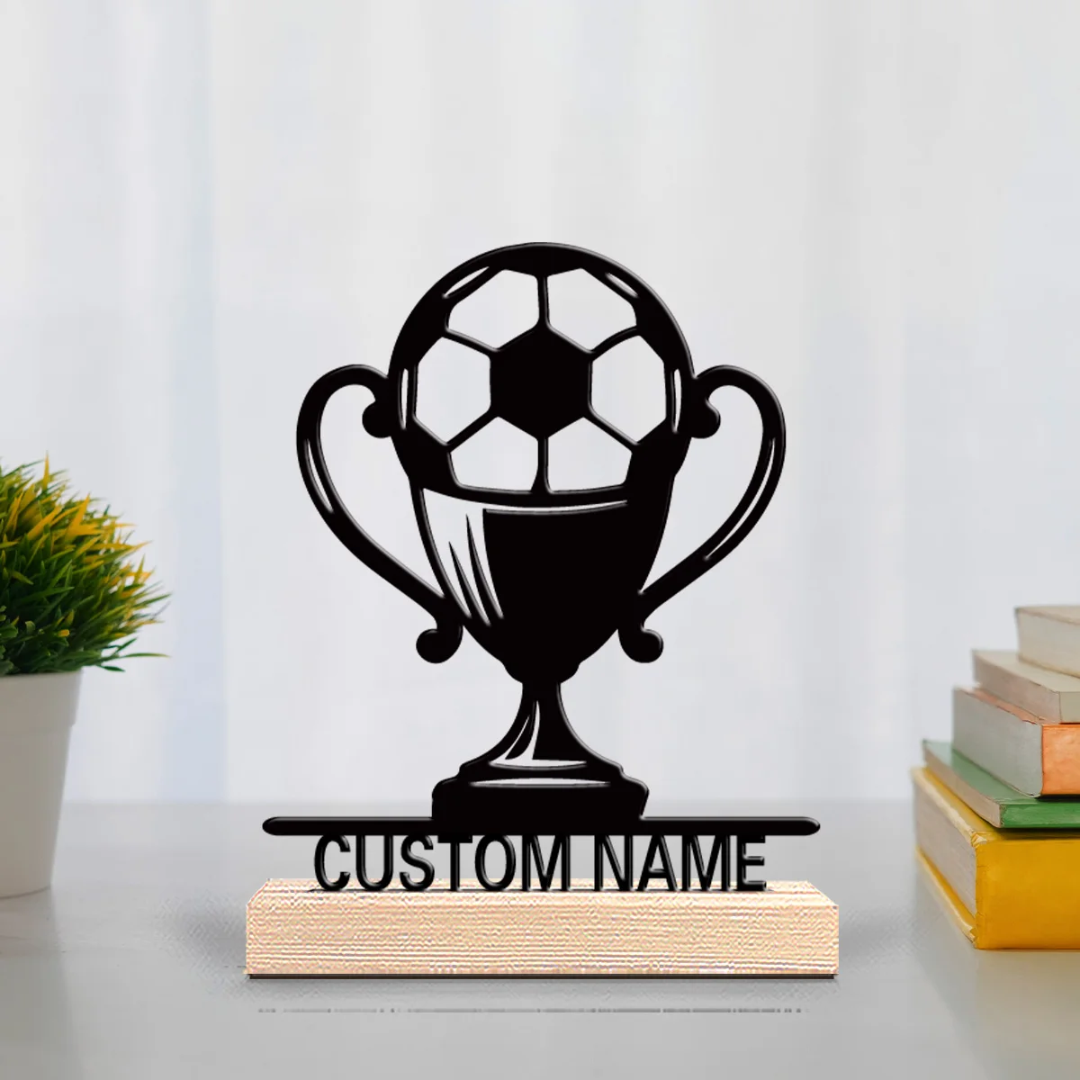 1pc Creative Soccer trophy Metal Statue Personalized Name Art Figurine With Wood Base Tin Ornament With Wood Base Home Table