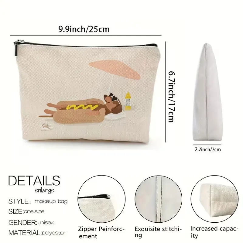 1 piece, humorous beach hot dog and sausage dog pattern makeup bag, durable and non-fading zipper bag, lightweight and foldable travel storage bag, double-sided printed makeup bag, multifunctional large-capacity makeup bag, gift for friends, holiday gift