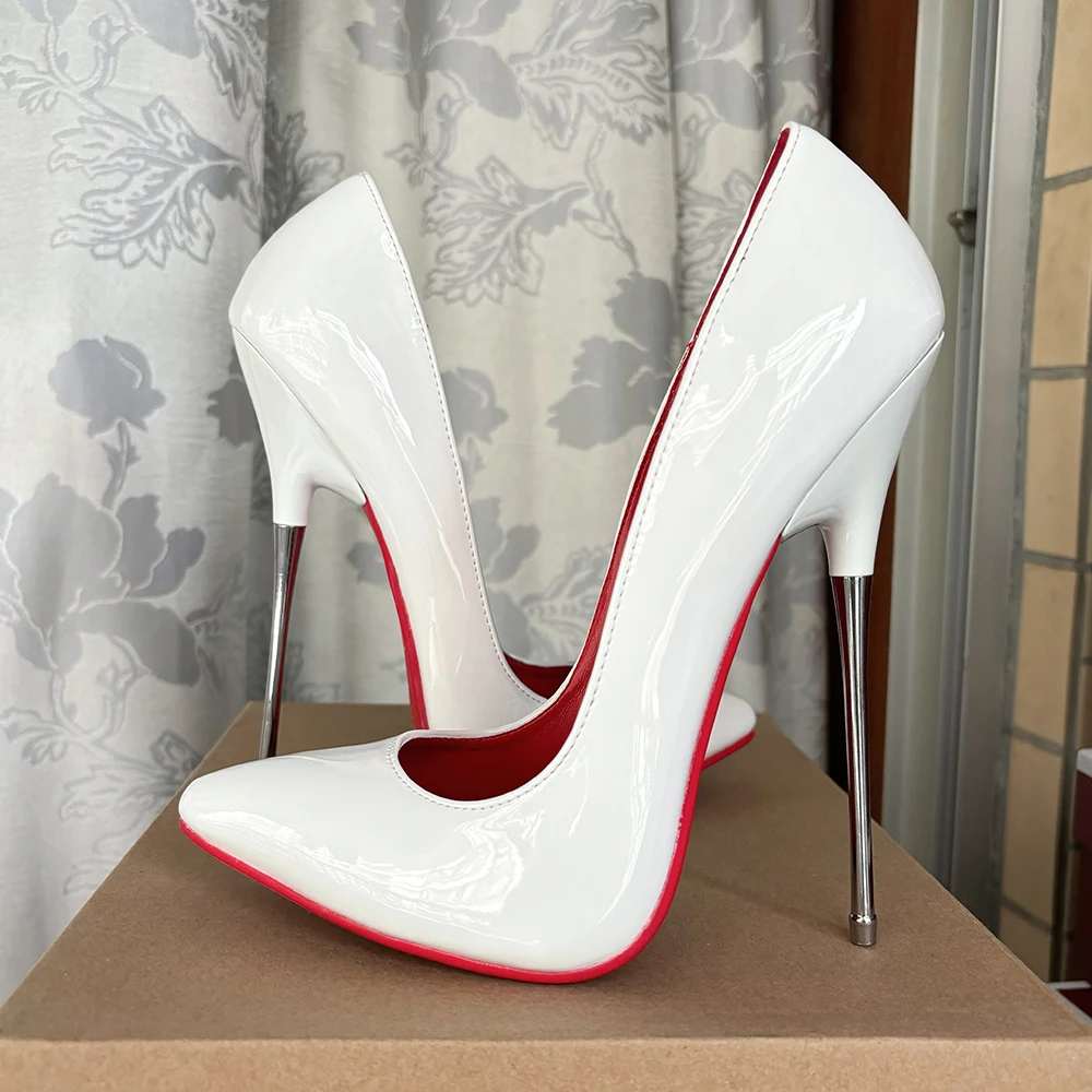 2024 Newly 16cm Extreme High Heels Shiny White Stilettos Sexy Pointed Toe Women Pumps Fetish Catwalk Model Man Shoes Size45-46