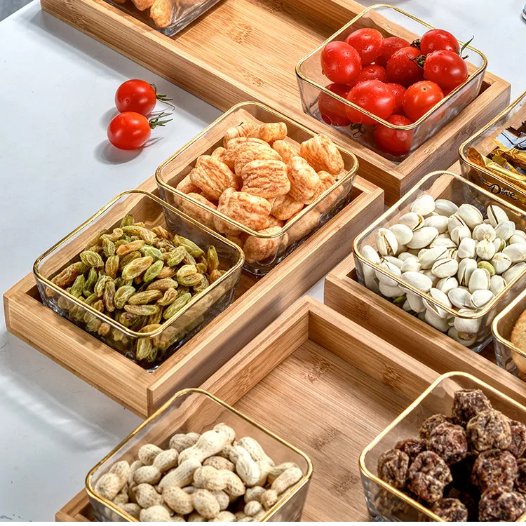 Glass Snack Platter Multi-cell Suit with Rectangular Wooden Pallet Home Square Dried Fruit Bowl Plate Tableware HQ296