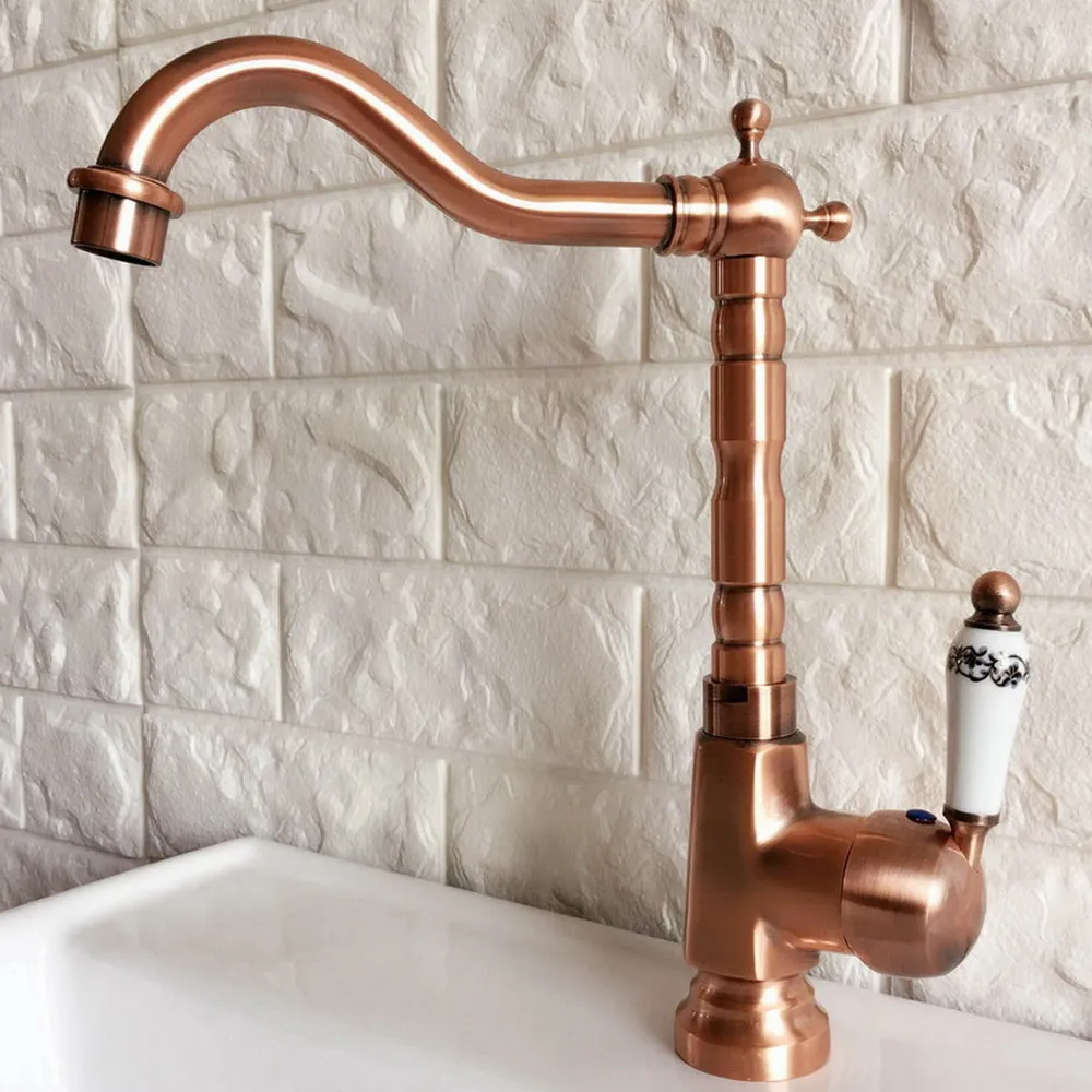 

Antique Red Copper Brass Bathroom Kitchen Basin Sink Faucet Mixer Tap Swivel Spout Single Handle One Hole Deck Mounted mnf400