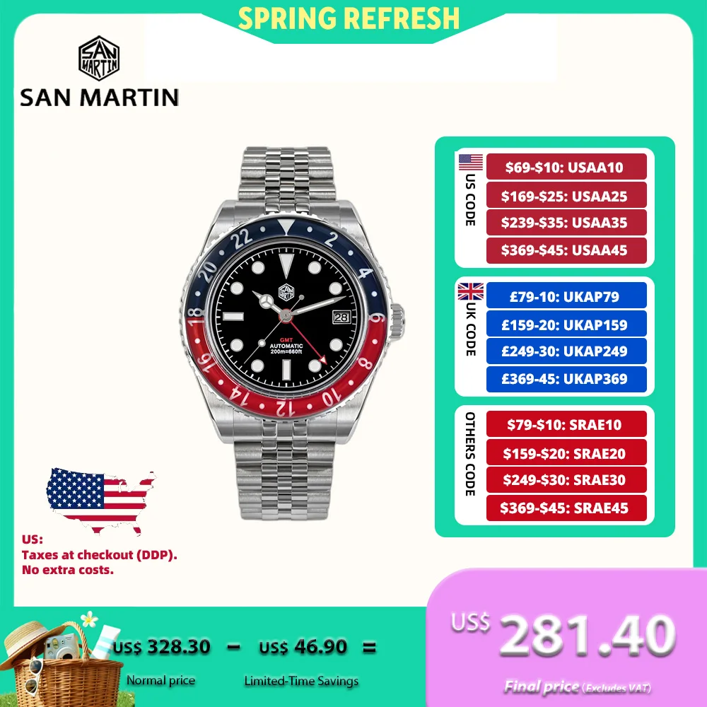 

San Martin 40mm NH34 GMT Diver's Watch For Men Sapphire Bezel 5-Link Bracelet On The Fly Adjust Clasp 20Bar Saat Erkek SN0005B