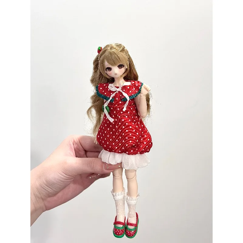 Strawberry Polka Dot Flower Bud Skirt Hairband Set Clothes Model for Mitian 4th Gen 1/4 BJD Mixed Angel Doll Azone Decor