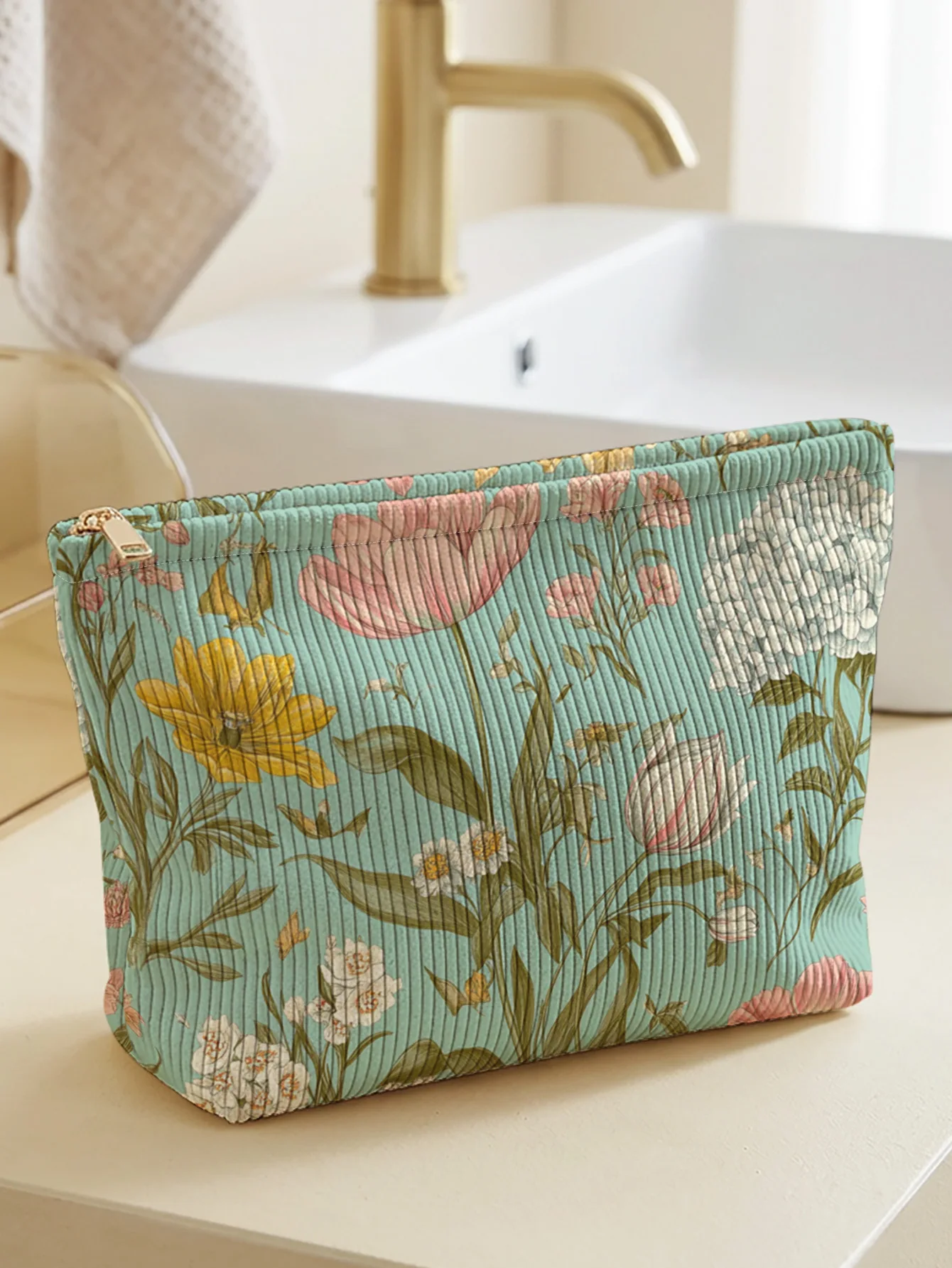 Vintage peony hydrangea floral teal base printed corduroy makeup bag, lightweight zipper pouch, multifunctional lined cosmetic b