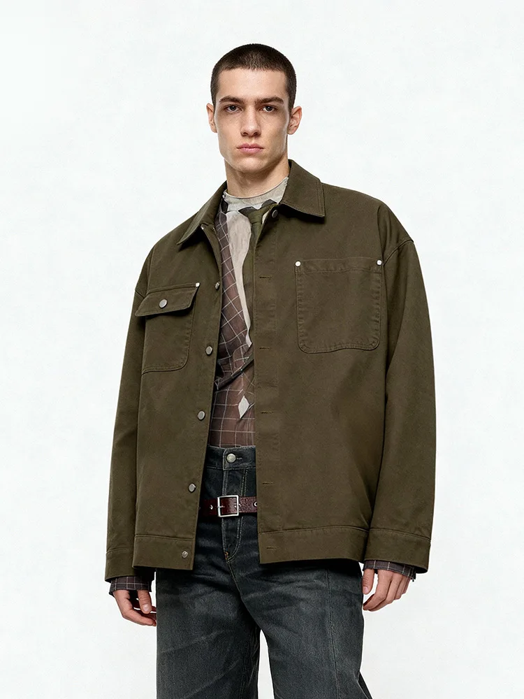 Jiezhan Men's Double-Cut Work Jacket, Autumn New Arrival, American Retro Trendy Casual Shirt Jacket for Men