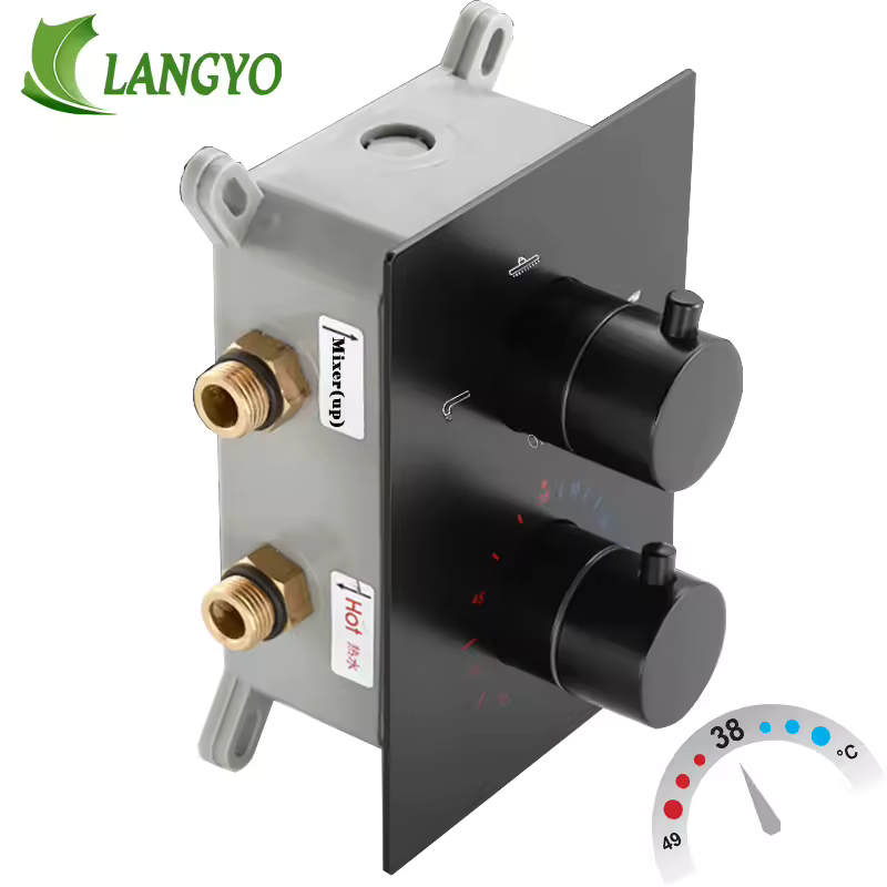 Langyo torneira termostática para chuveiro, preto fosco, válvula misturadora, 2 ou 3 maneiras, caixa fácil de montar, válvula oculta de latão, montagem na parede
