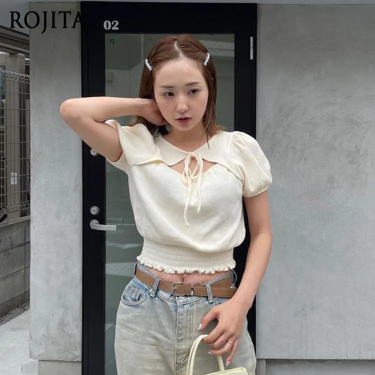 

Sweet Tie-Front Puff Sleeve Crop Top Japanese Neckline Strap Cotton Sweet Bubble Sleeve Short-sleeved Women's T-shirt Top