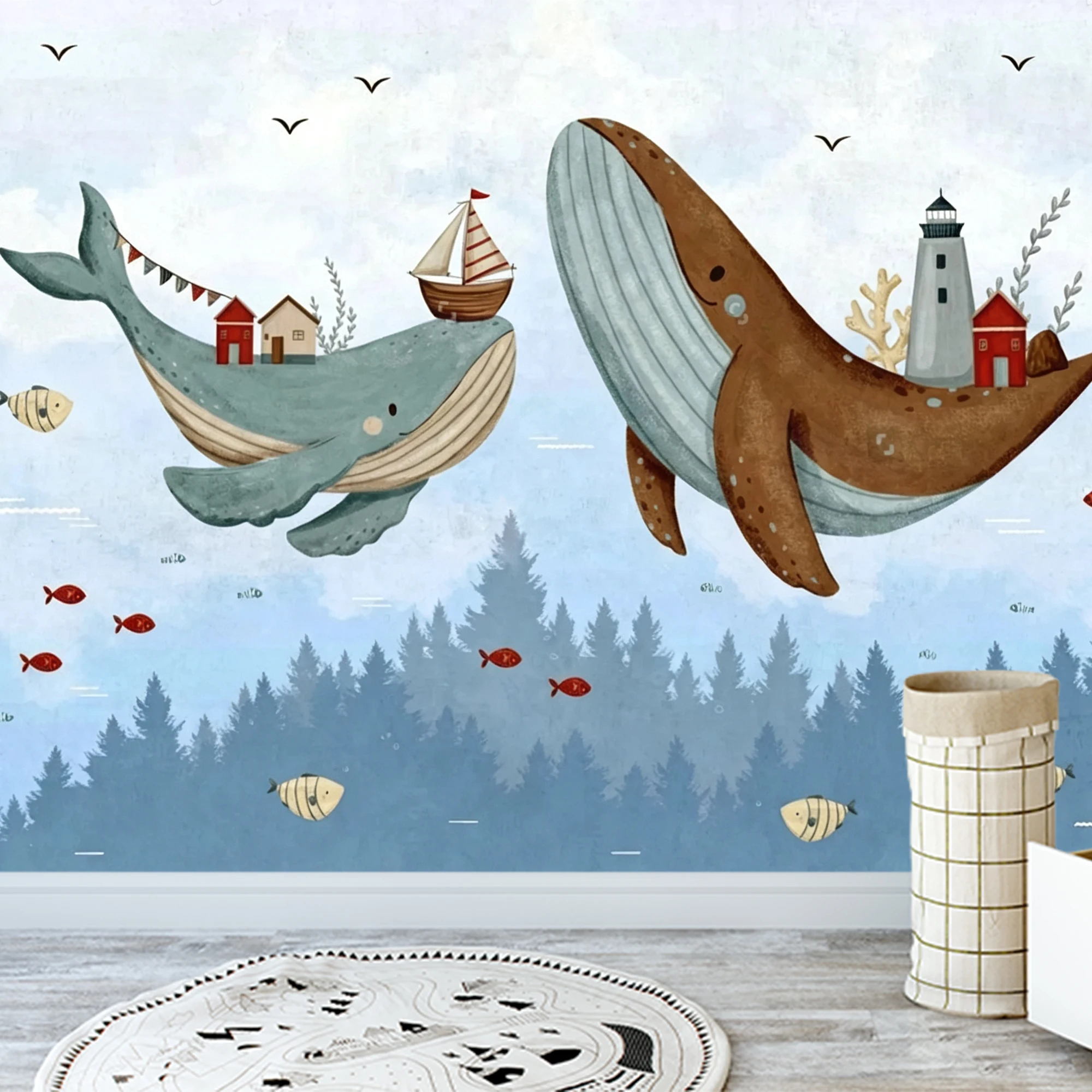 Custom 3D Mural Wallpaper Kids Ocean Peel And Stick Wall Whale Lighthouse Sailboat Fish Cartoon For Nursery Bedroom Home Decor