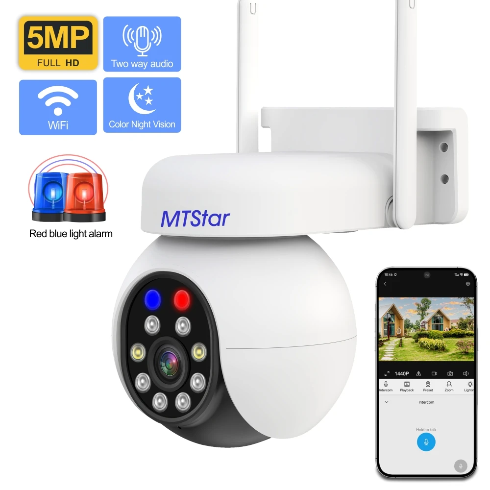 MTStar Brand 5MP Wireless Camera With Red And Blue Light Alarms Supports Two-way Voice Support Human-shaped Tracking