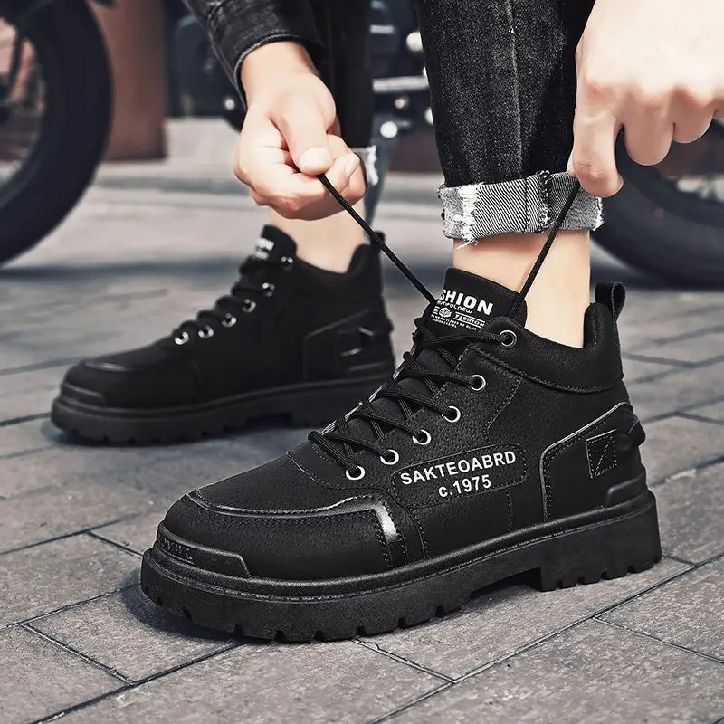 Outdoor Desert Work Boots Men's Autumn Winter Fleece Lined High Top Lace Up British Style Vintage Low Heel Anti Slip Lightweight