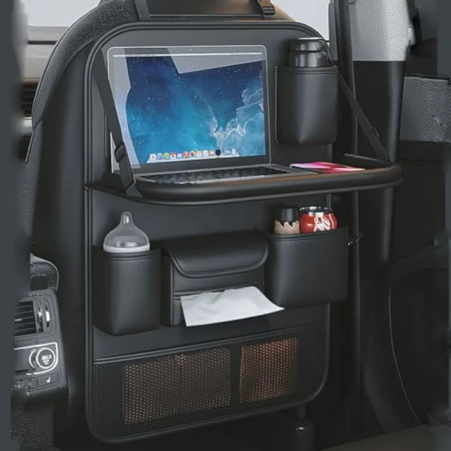 Car Backseat Organizer with Foldable Table Tray, Car Seat Back Protector with Touch Screen Phone Holder, Premium PU Leather Mat