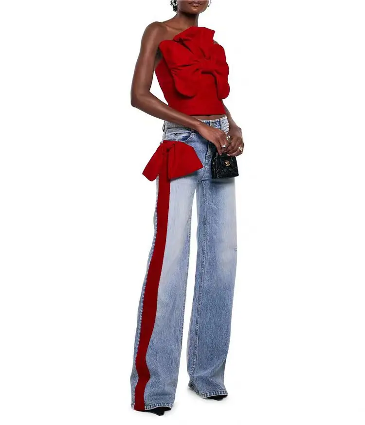 Straight Jeans Women Trendy Luxury Design Runway Wide Leg Pants Elegant Baggy Denim Trousers Side Stripe Bow Tie Harajuku Street