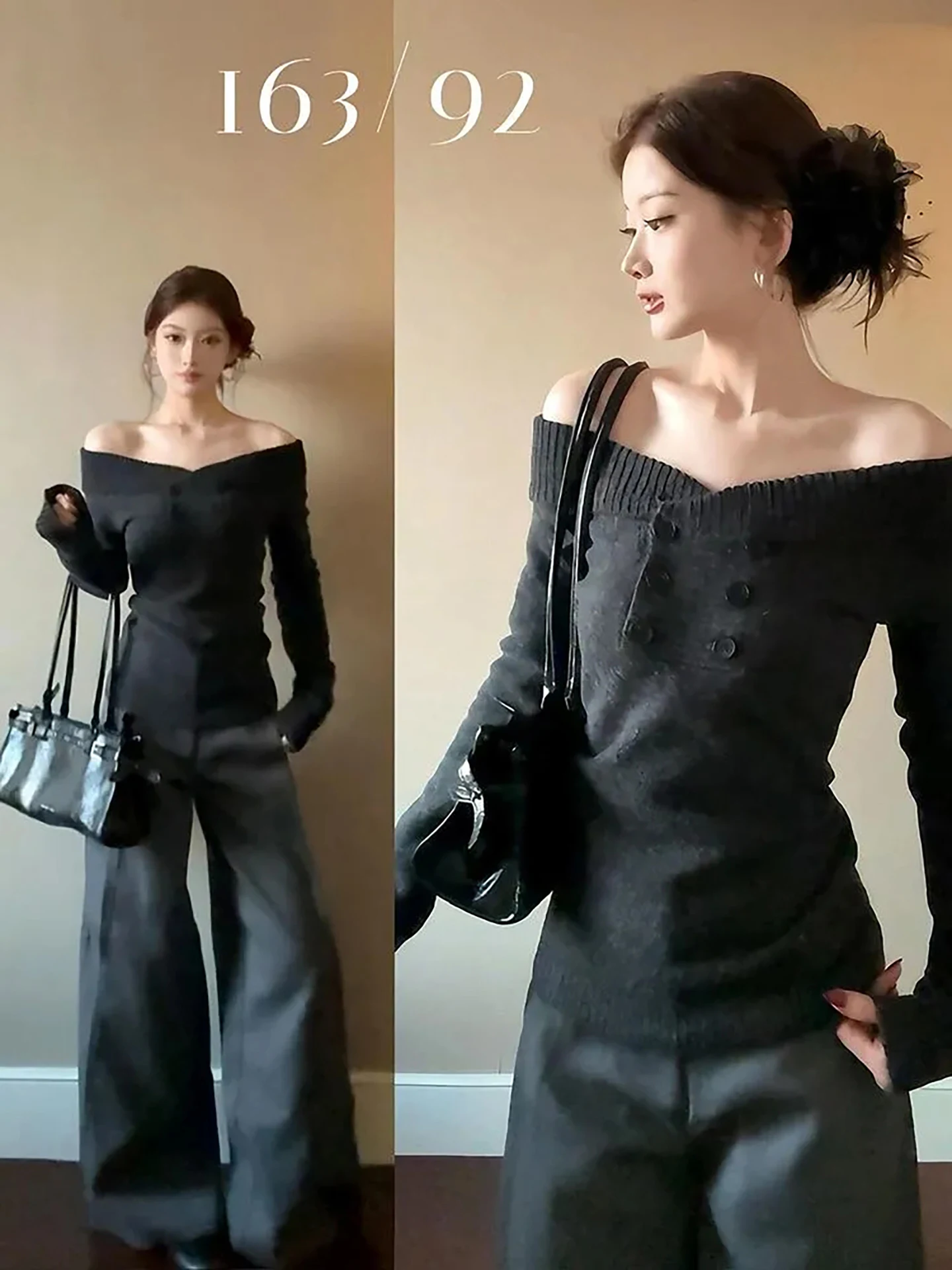 سترة نسائية محبوكة كسولة على الكتف ذات لون ناعم ومريح كوري شتوي أنيق طويل Sve irt للتنقل في الكلية... #1