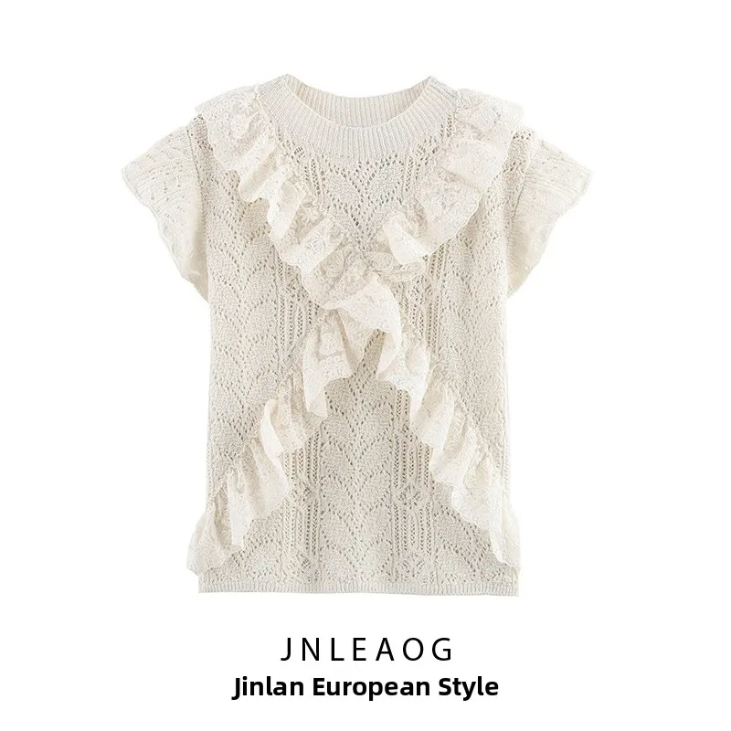 

JNLEAOG Spring New Women's Faion Knitted Layered Embroidered Cloth Top Polyester Fiber Loose Fit ort Sve round Ne