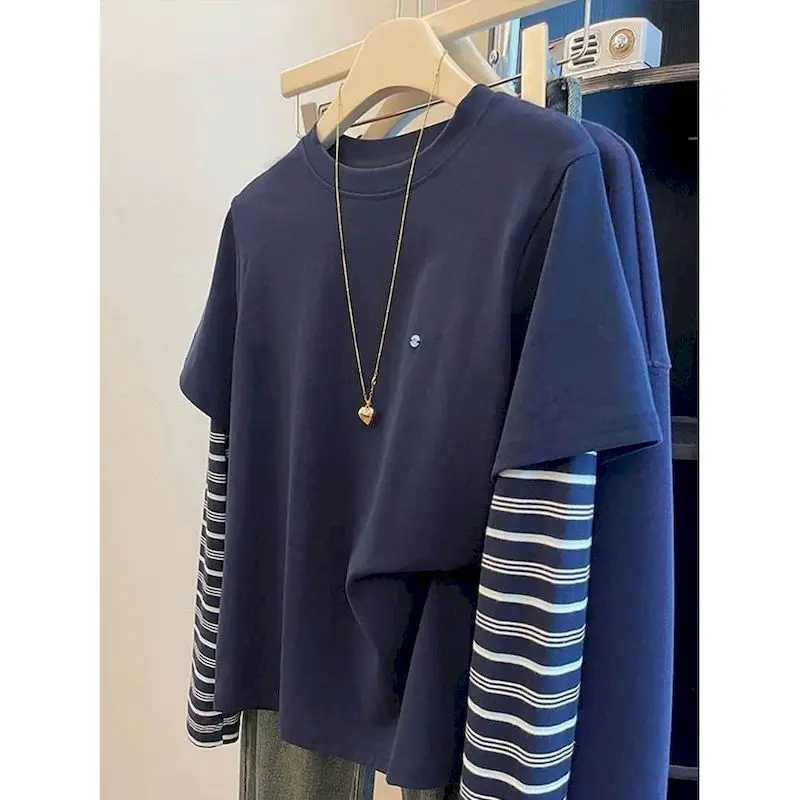 Loose T-shirts O-neck Fake Two-piece Contrast Color Striped Tops Vintage Casual American Style Long Sleeve Autumn Women Clothing