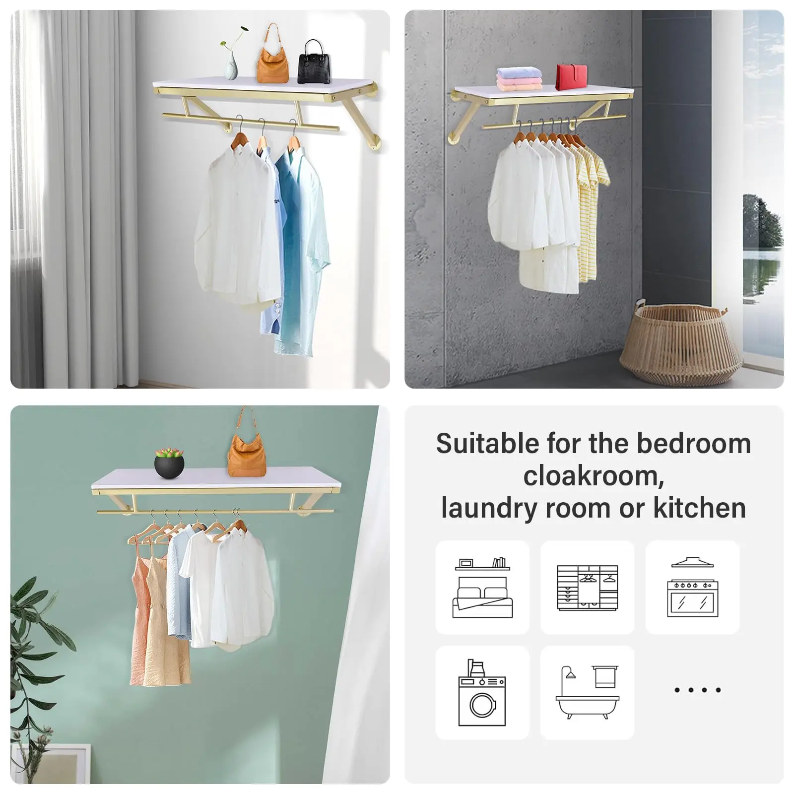 Prateleira com haste suspensa – haste de armário dourada para armazenamento e exibição de armário