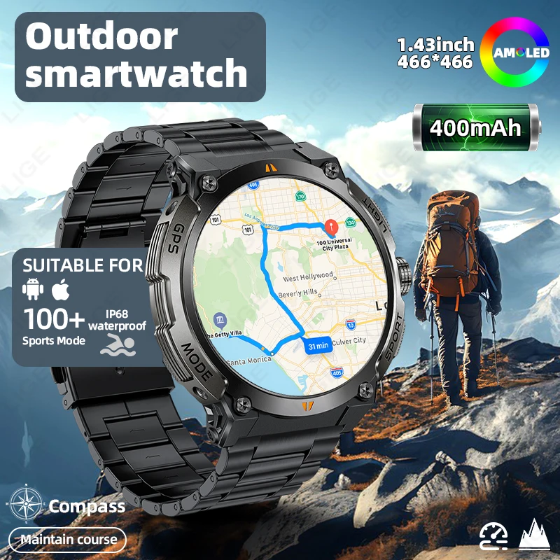 

LIGE Мужские Смарт-часы HD AMOLED Экран Спорт на открытом воздухе GPS Компас Смарт-часы BT Вызов Сердечный ритм Сон Водонепроницаемые музыкальные умные часы