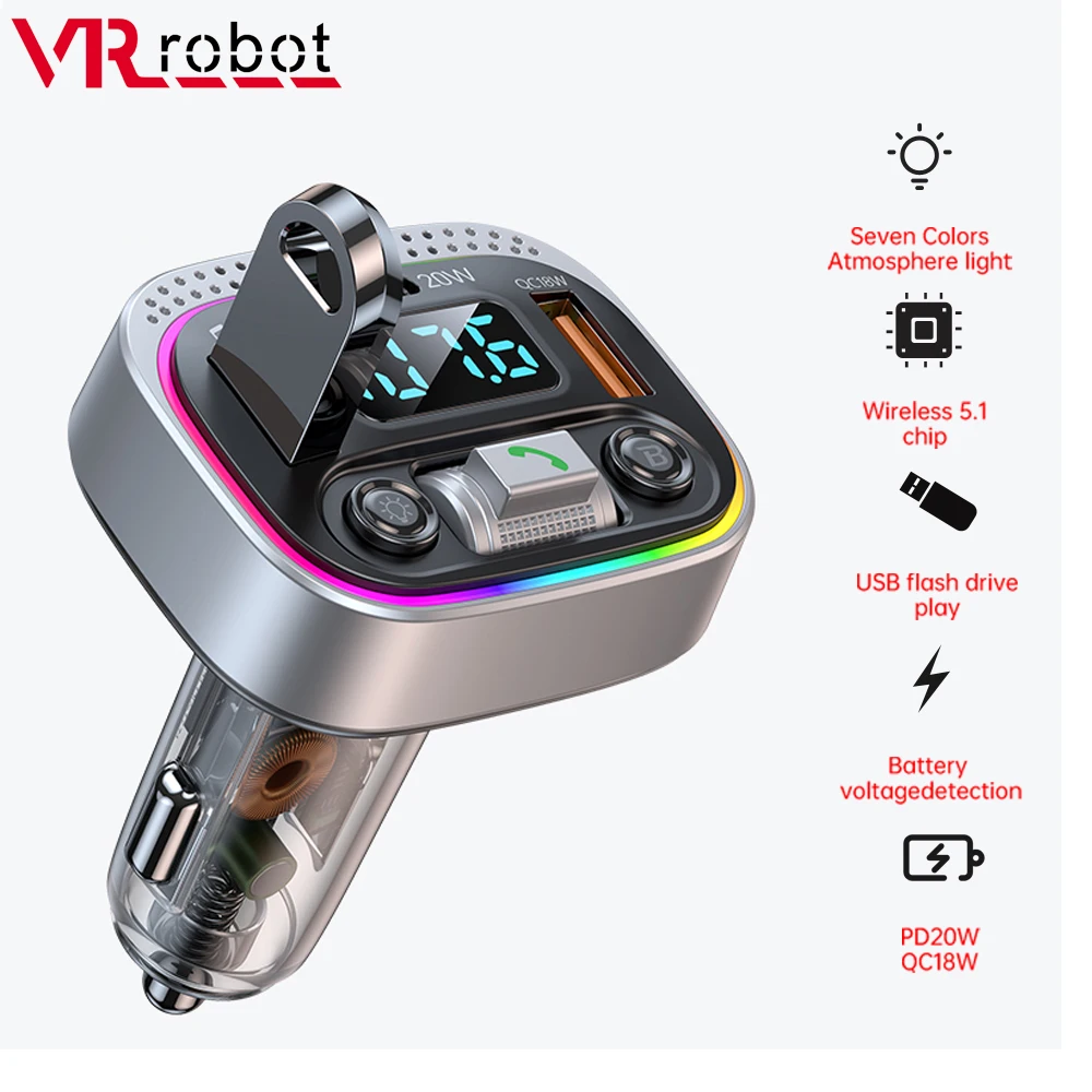 VR Robot PD20W Car FM Transmitter Bluetooth 5.1 MP3 U Disk Player Wireless Handsfree Kit with Fast USB Charger