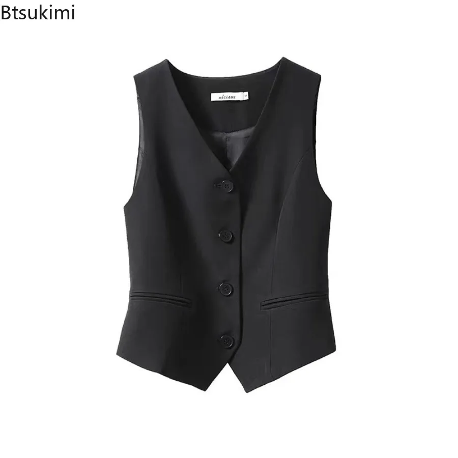 Women Solid Color Suit Vest New Spring Autumn Slim Fit Pocket V-neck Short Vest Single Breasted Short Sleeveless Top for Ladies