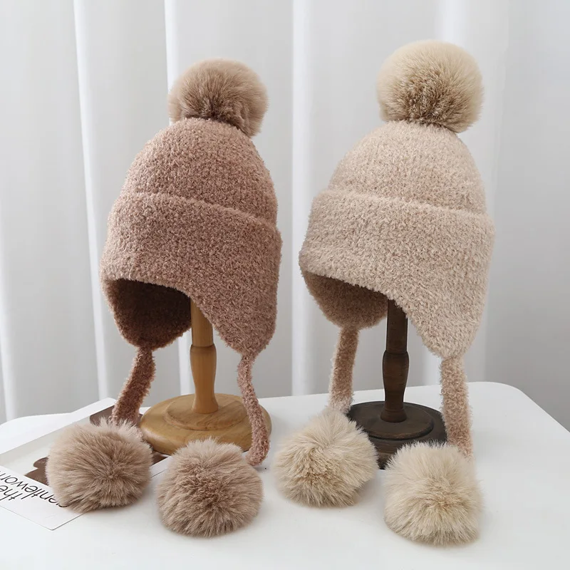 

Fashion knitted hat faux fur pompom bonnet cap windproof women lady earflap cap female winter warm ear protection wool Hat