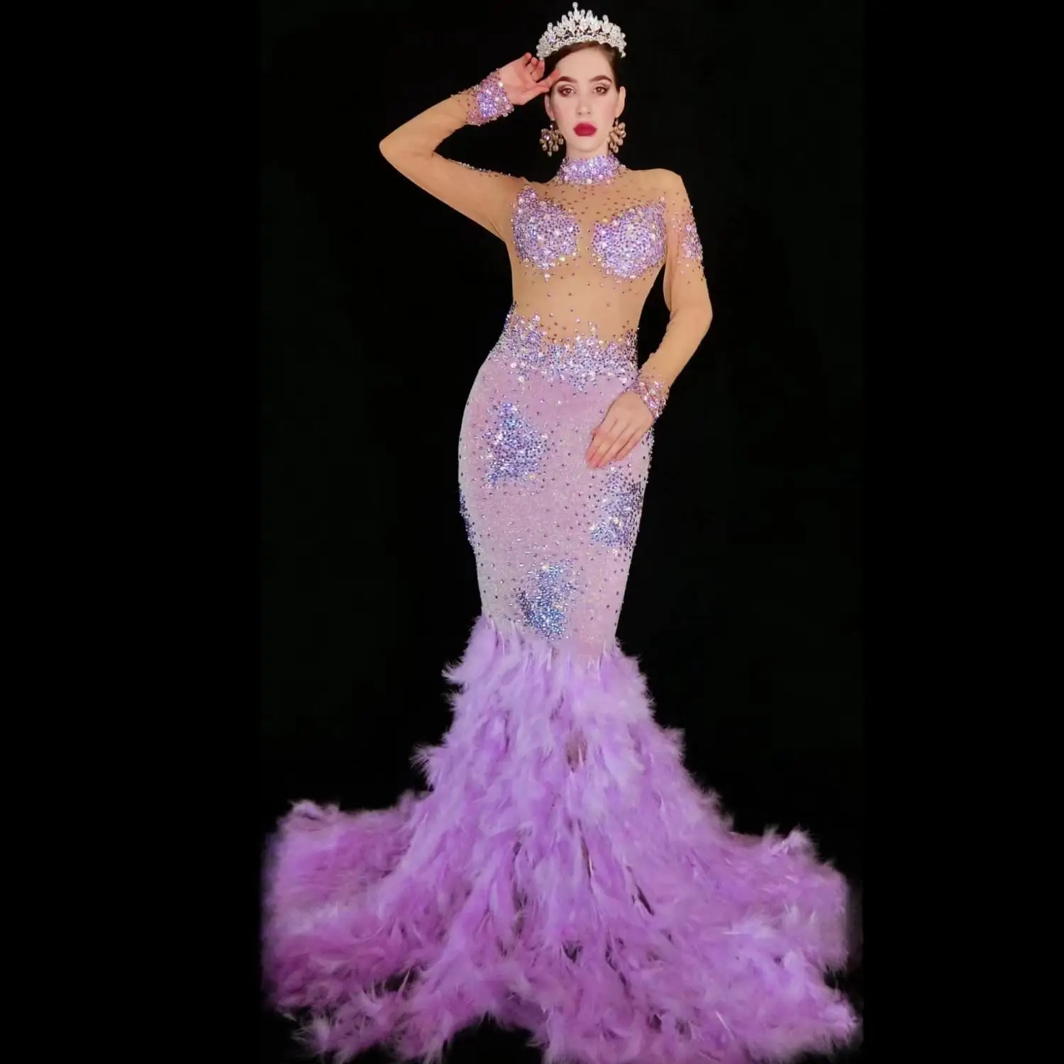 Robe de Luxe Longue à Plumes en Strass pour Femme, Tenue de Soirée, de Bal, de Chanteur, Costume de Scène, Shenniao