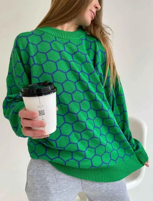 

Autumn and Winter Loose and Versatile Checkered Pullover Sweater for Women, Casual Round Neck, Honey Nest Embroidered Sweater