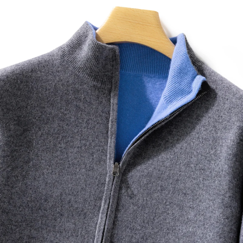 Men 100% Cashmere Sweater Zipper Cadigan Wear on both sides Autumn Winter Thick Warm Smart Casual Basic Cashmere Knitwear Tops