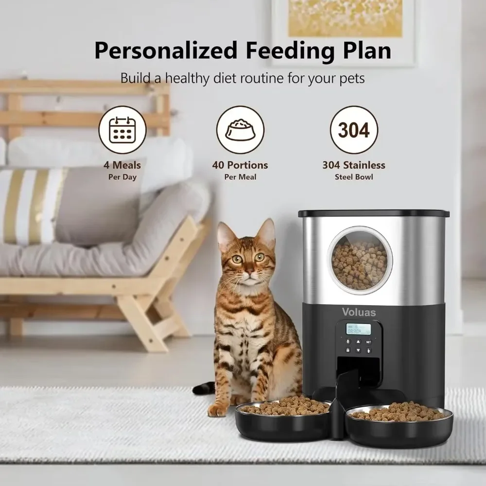 5L Pet Automatic Feeder Button Version Cat Food Dispenser Stainless Steel Double Bowl Timed Quantitative Feeder Dog Dry Food