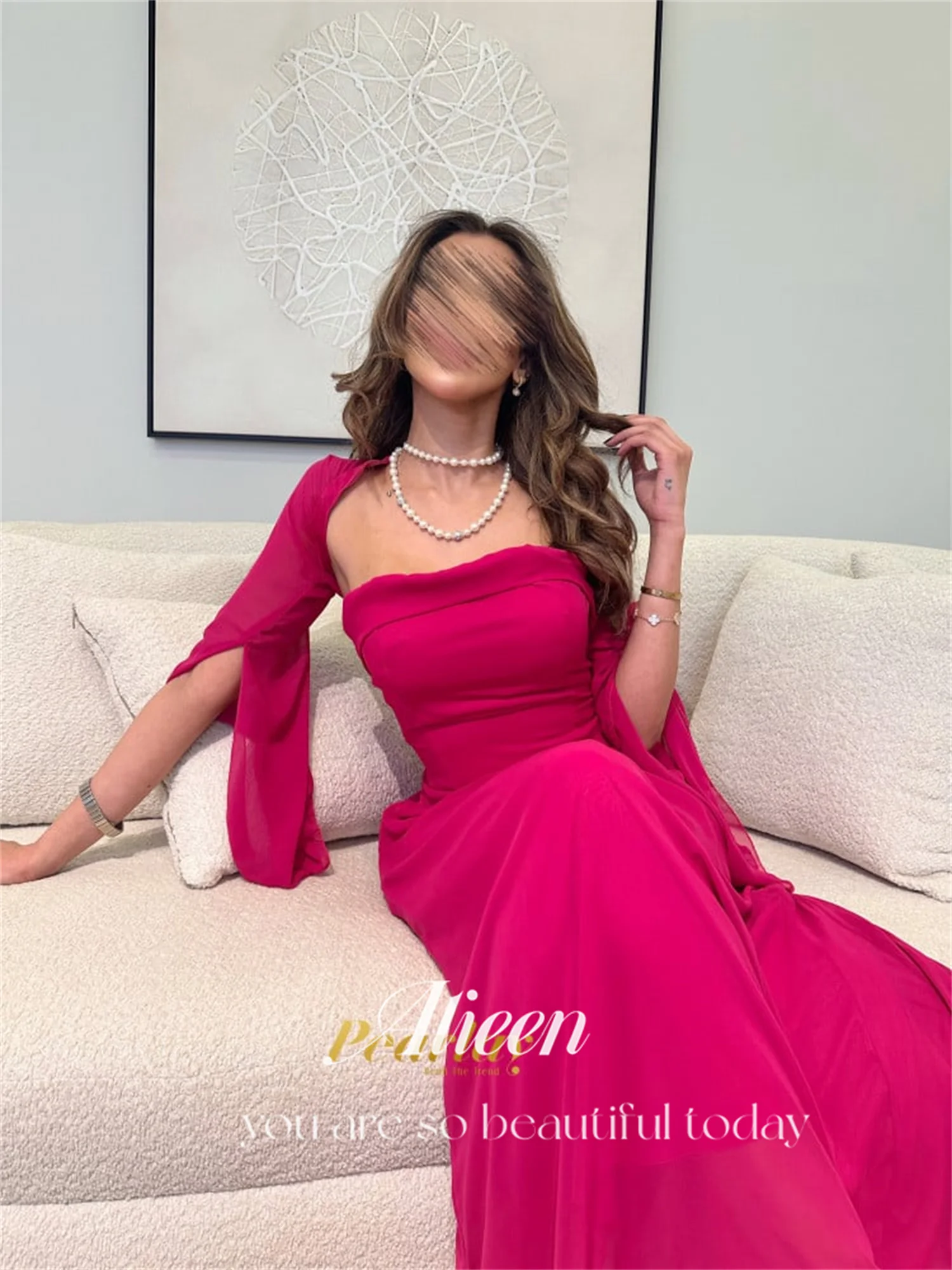 Aileen Two Piece Set Long Sleeves Rose Red Grace Chiffon Customized Dresses for Special Events Dubai Luxury Evening Dress Es